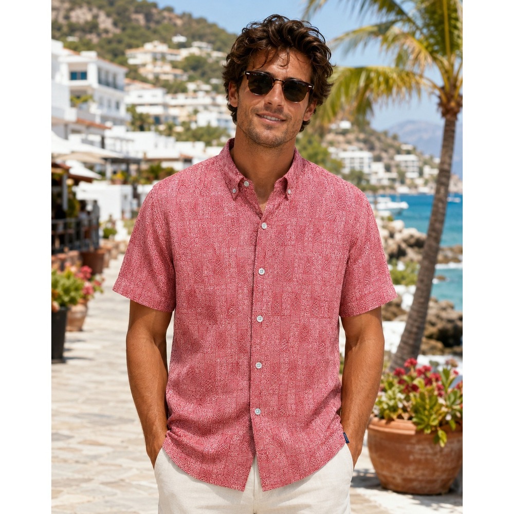 Tori Richard Mens Large Red Pineapple Geometric Shirt Resort Cruise Vacation